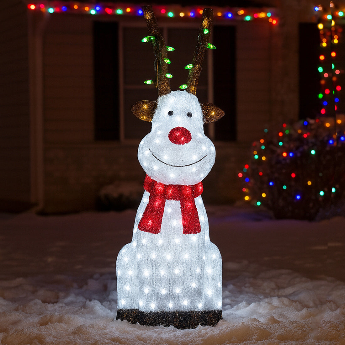 Acrylic Sitting Red Nose Reindeer with Christmas Lights