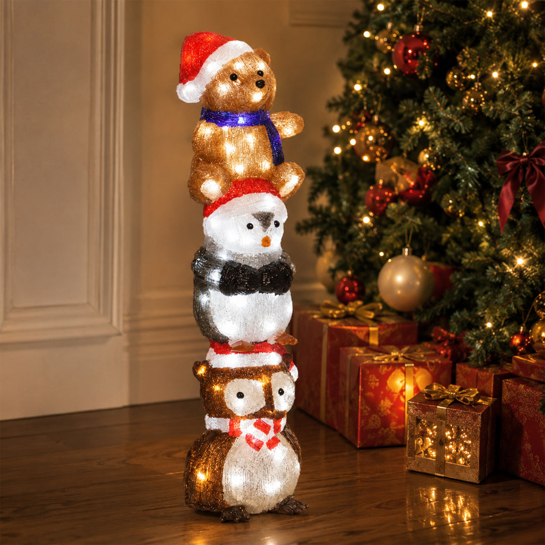 Acrylic Owl Penguin and Bear Stacked - H63cm