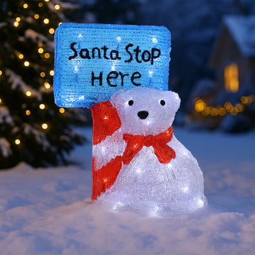 Acrylic Christmas Polar Bear with Santa Stop Here Sign - H38cm