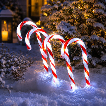 Set of 4 Solar Powered Candy Cane Path Light - Red+White