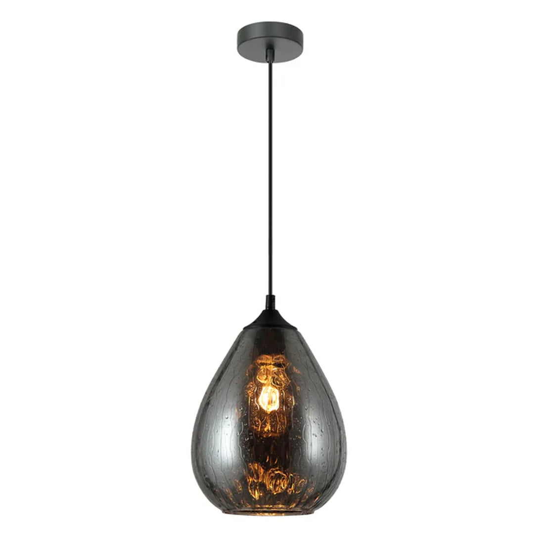 Cloche Oval Pendant Light with Rain Drop Effect Mirror Finish Glass Smokey Black
