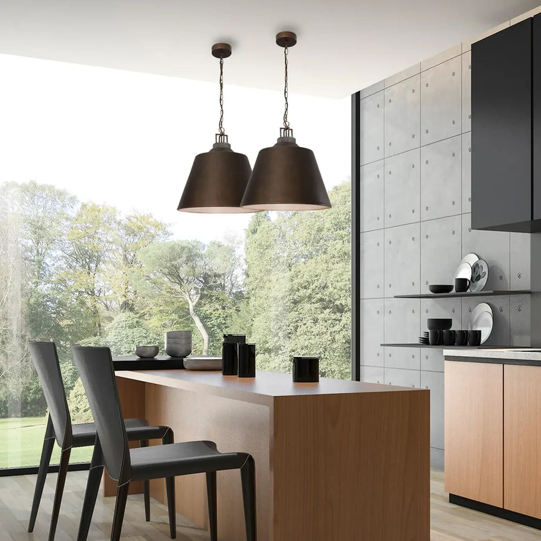 Cloche Interior Bell Shape Metal Pendant Light with Black Shade and Grey Travertine Highlight