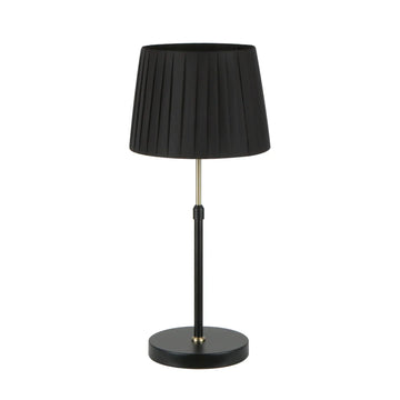 Crecer Interior Height Adjustable Slanted Pleated Shade Table Lamp with Black Shade and Antique Brass Highlight