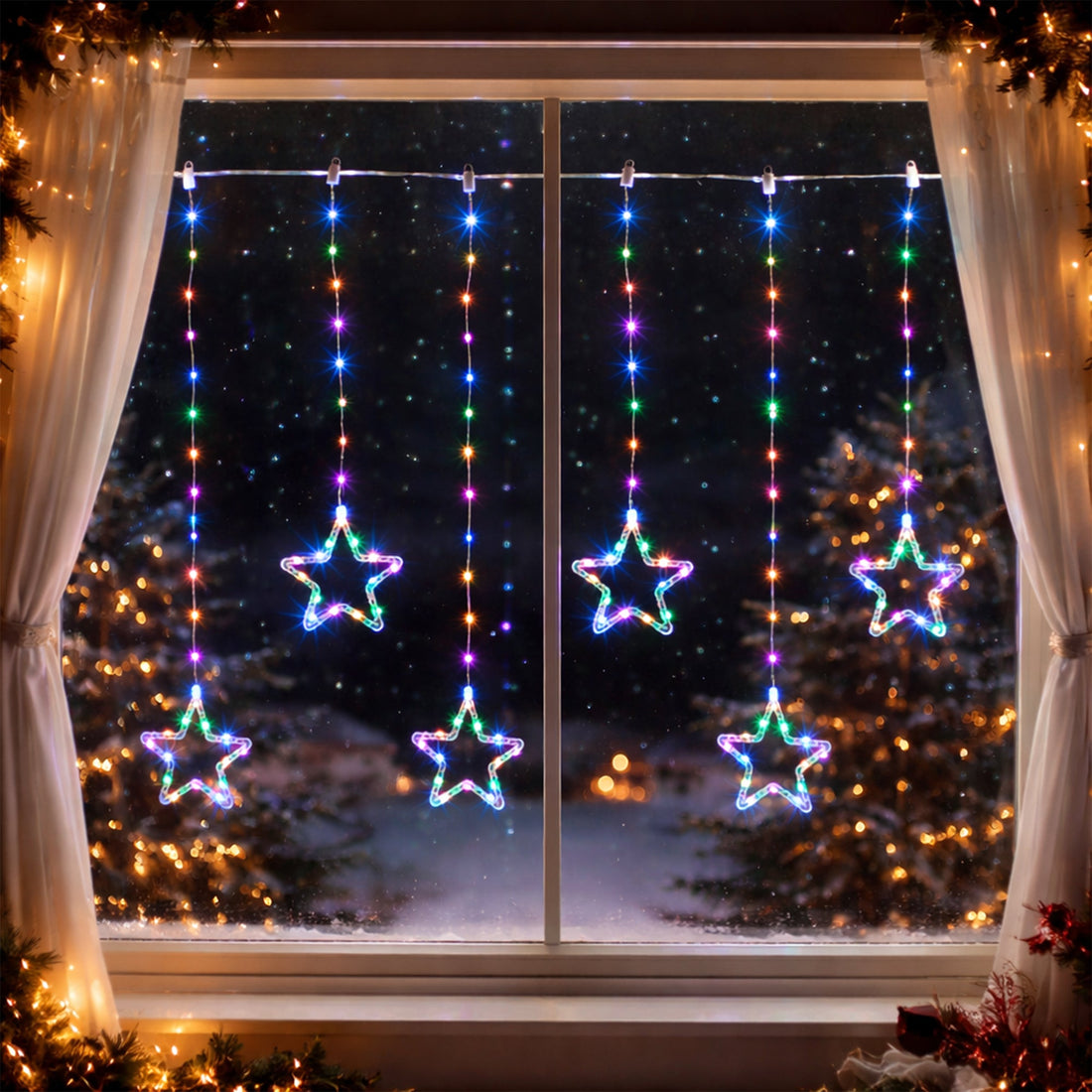 200cm Waterfall Curtain with stars - Multicolour/Warm White