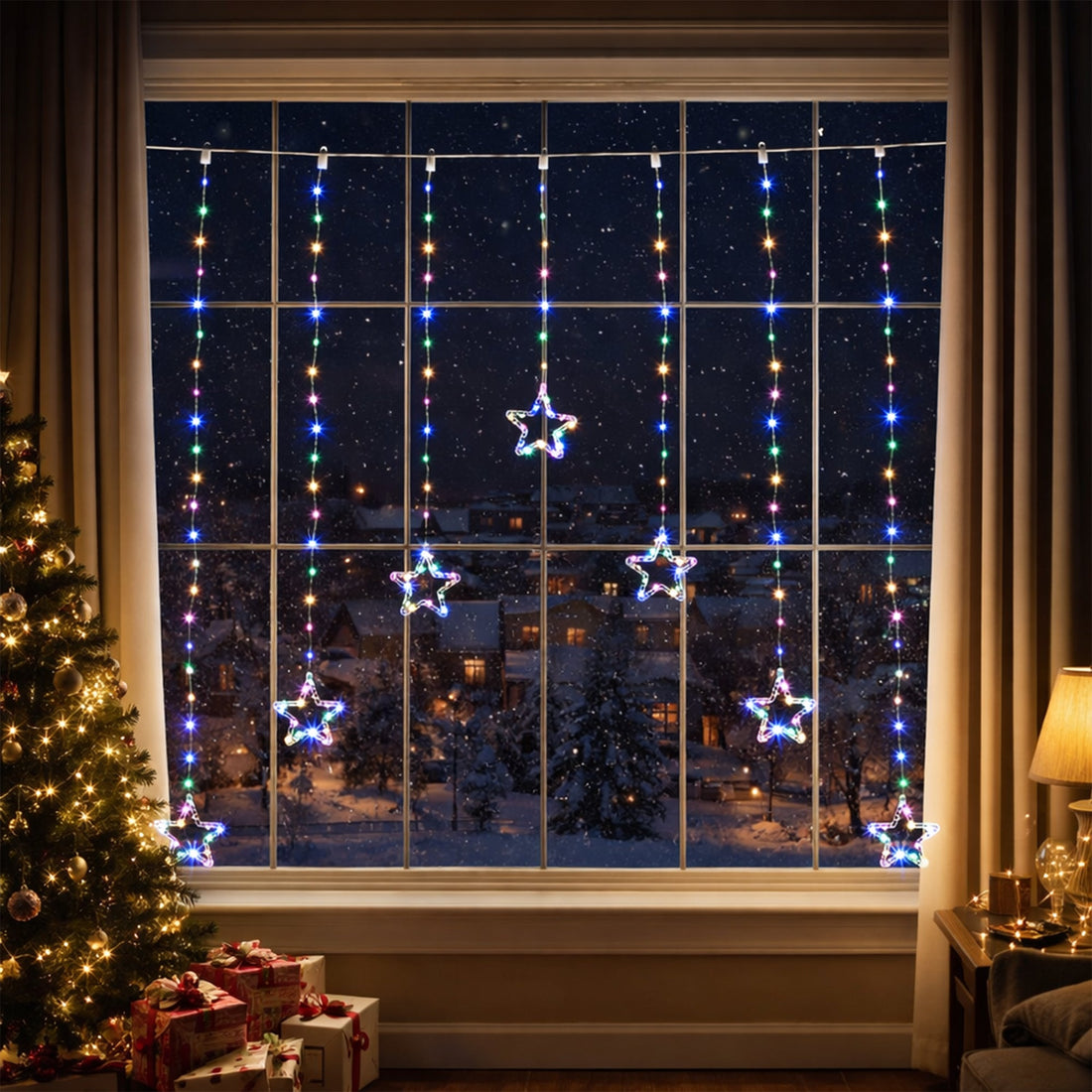 160cm Curtain with stars - Multicolour/Warm White