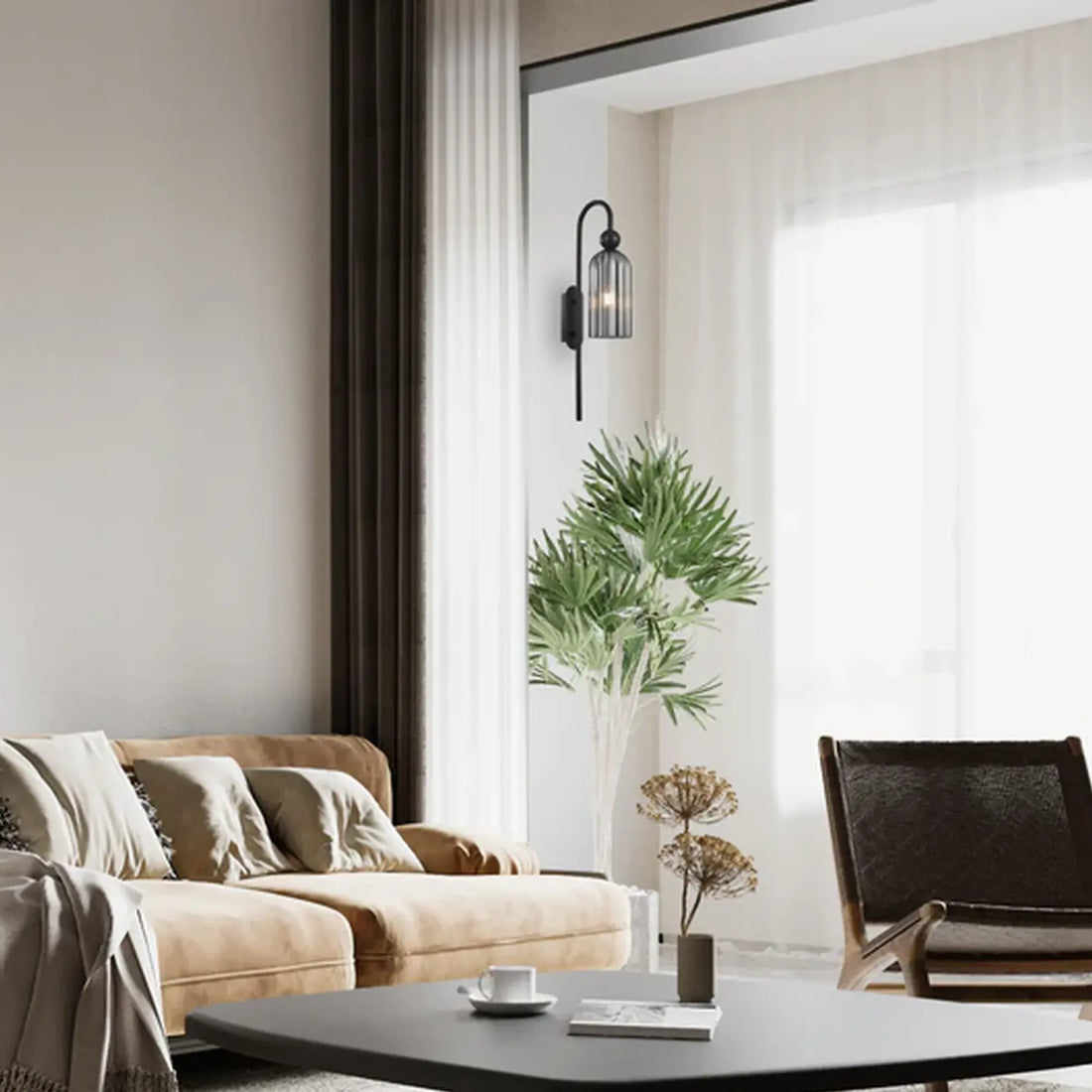 Flauta Interior Round Top Cylinder Ribbed Wall Light Smokey Black