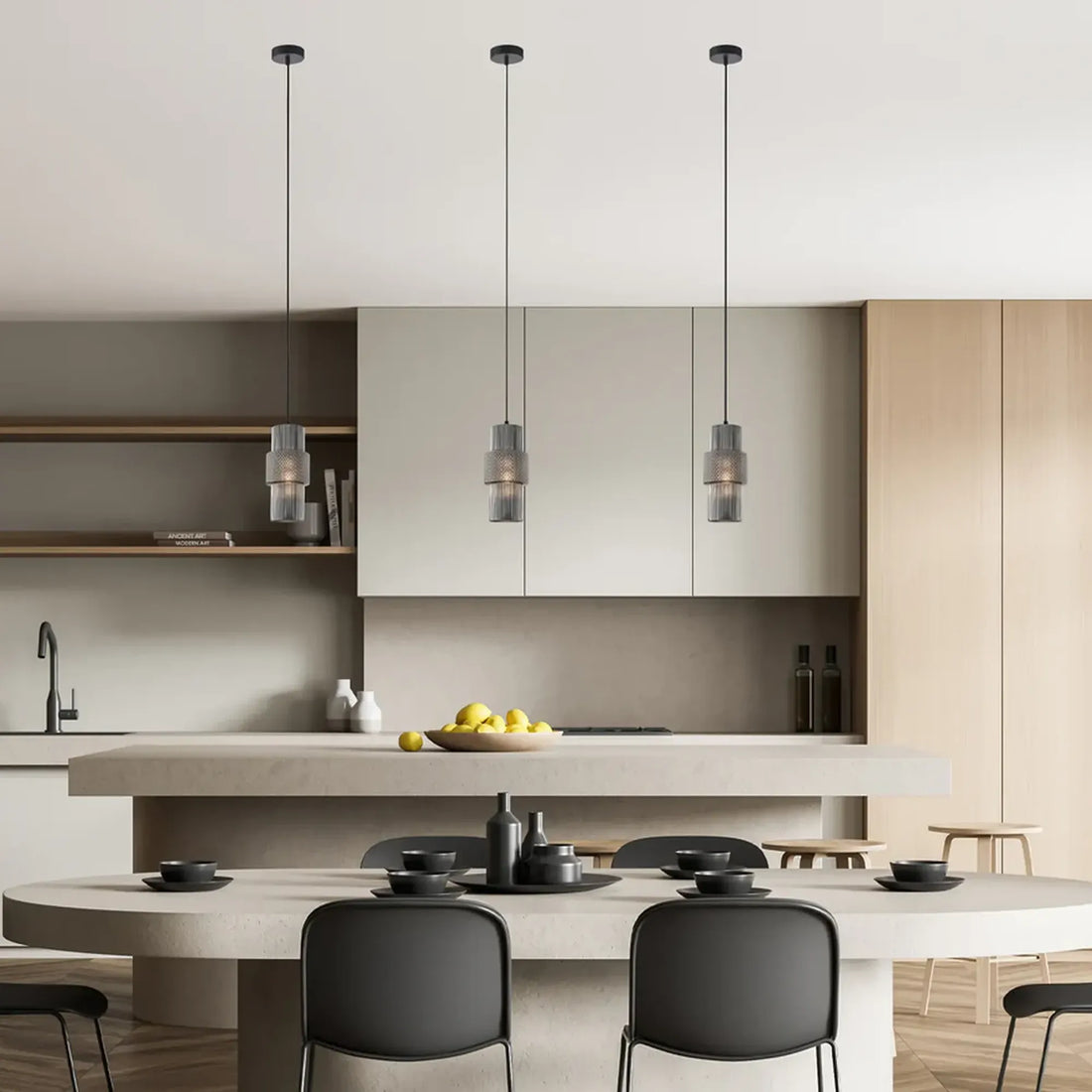 Hueca Interior Double Cylinder Ribbed with Segment Pendant Light Smokey Black