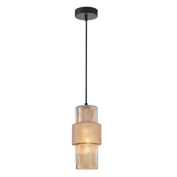 Hueca Interior Double Cylinder Ribbed with Segment Pendant Light Amber