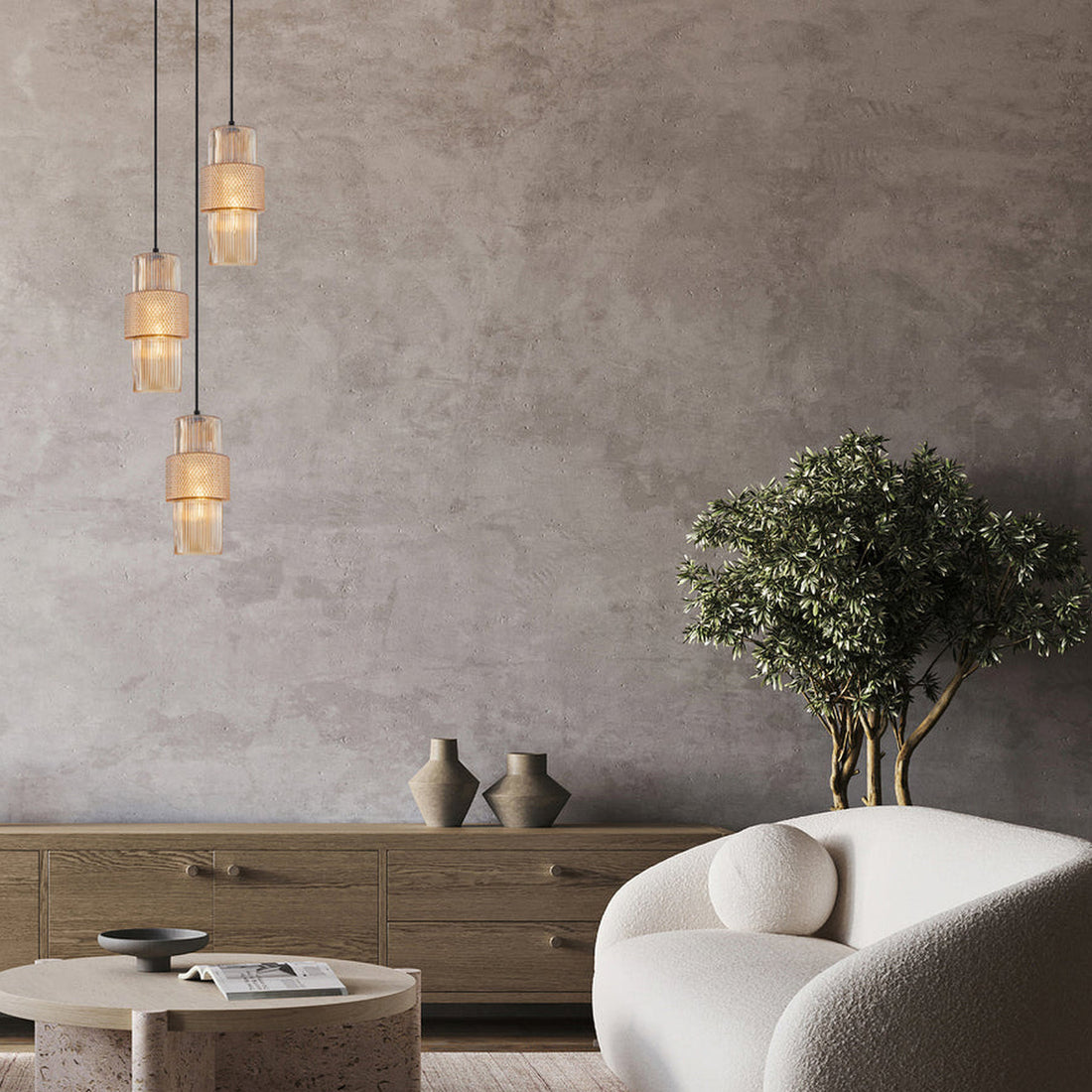 Hueca Interior Double Cylinder Ribbed with Segment Pendant Light Amber