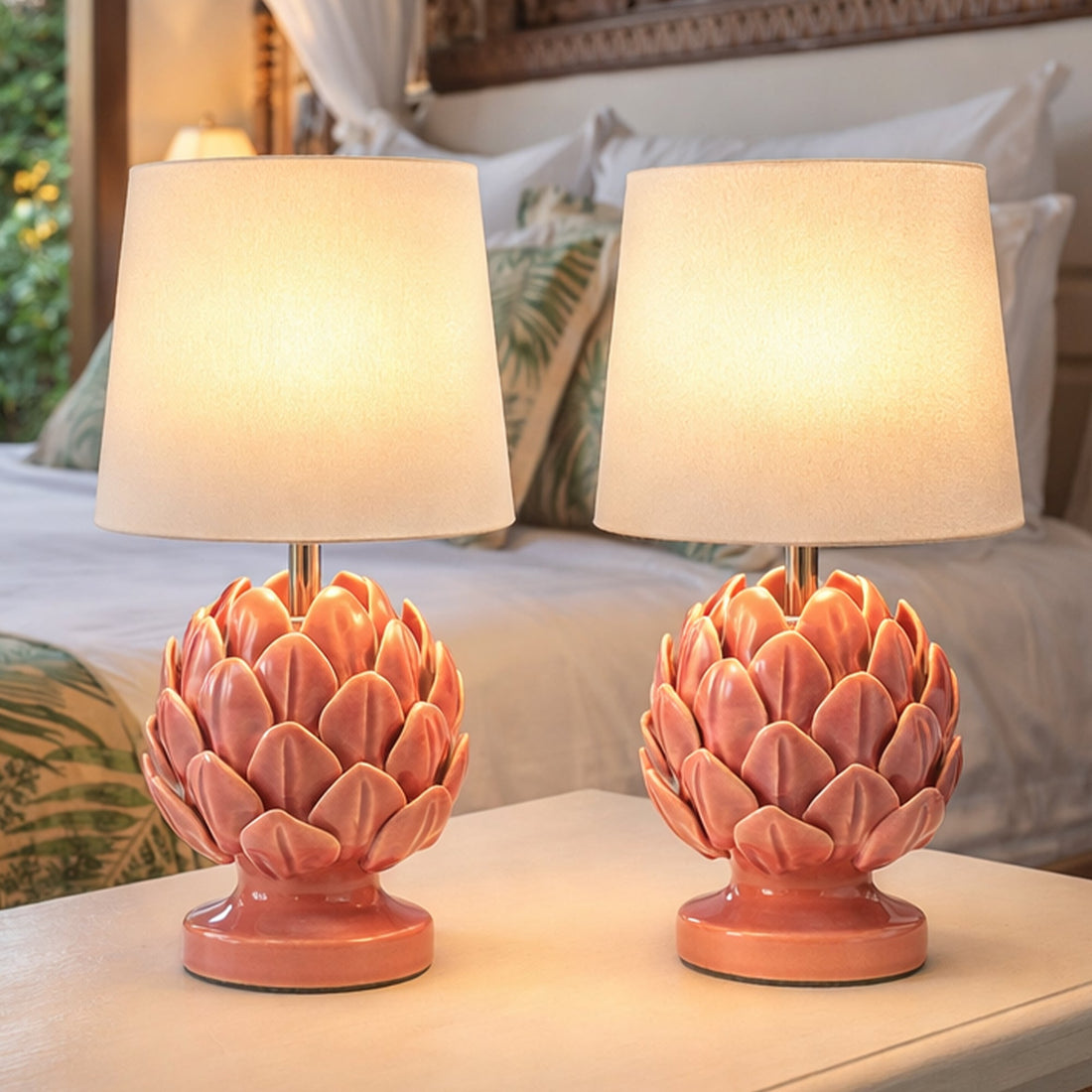 Tasha Artichoke Ceramic Table Lamp Set Of 2 Coral