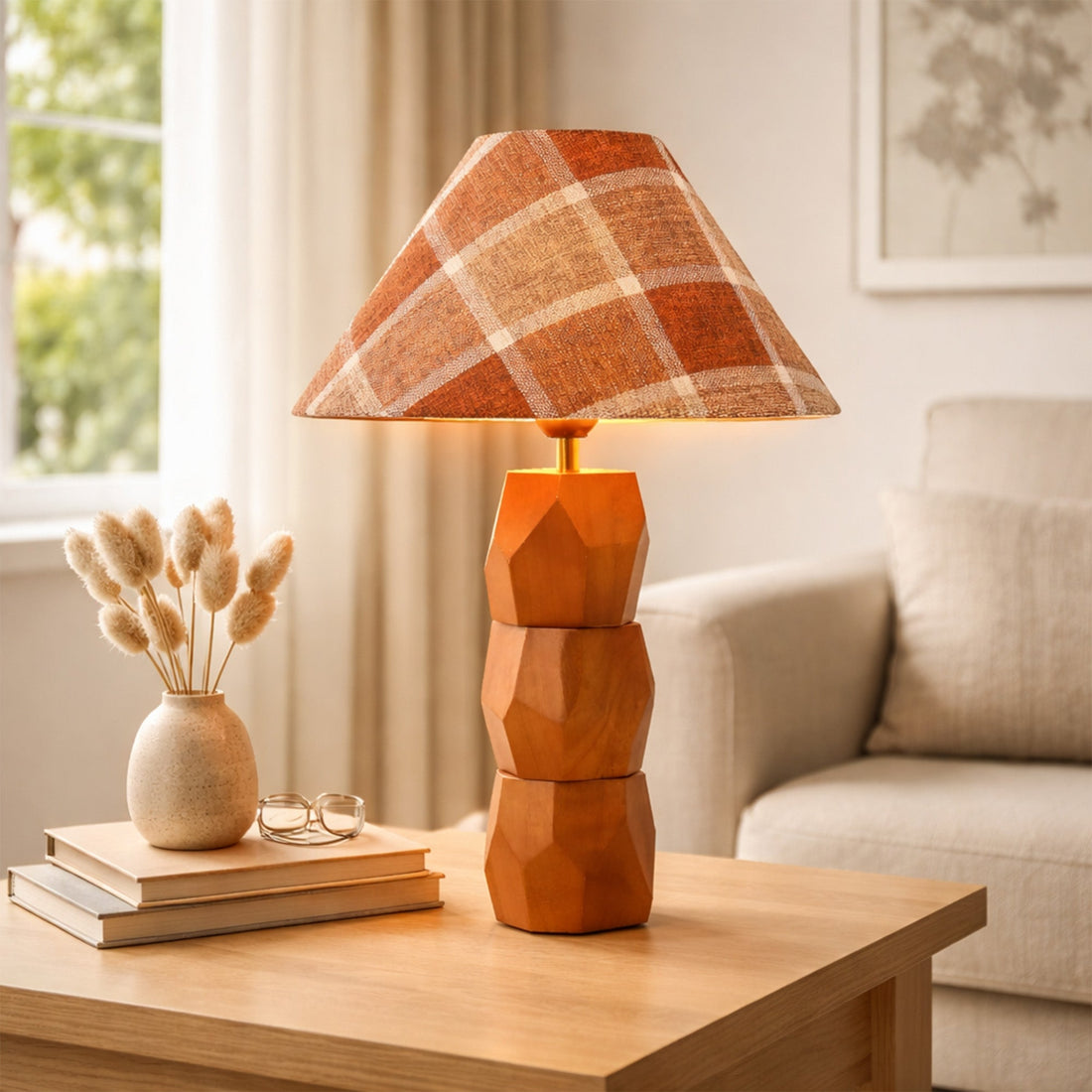Helena Hand-Faceted Wooden Base Table Lamp - Plaid Shade