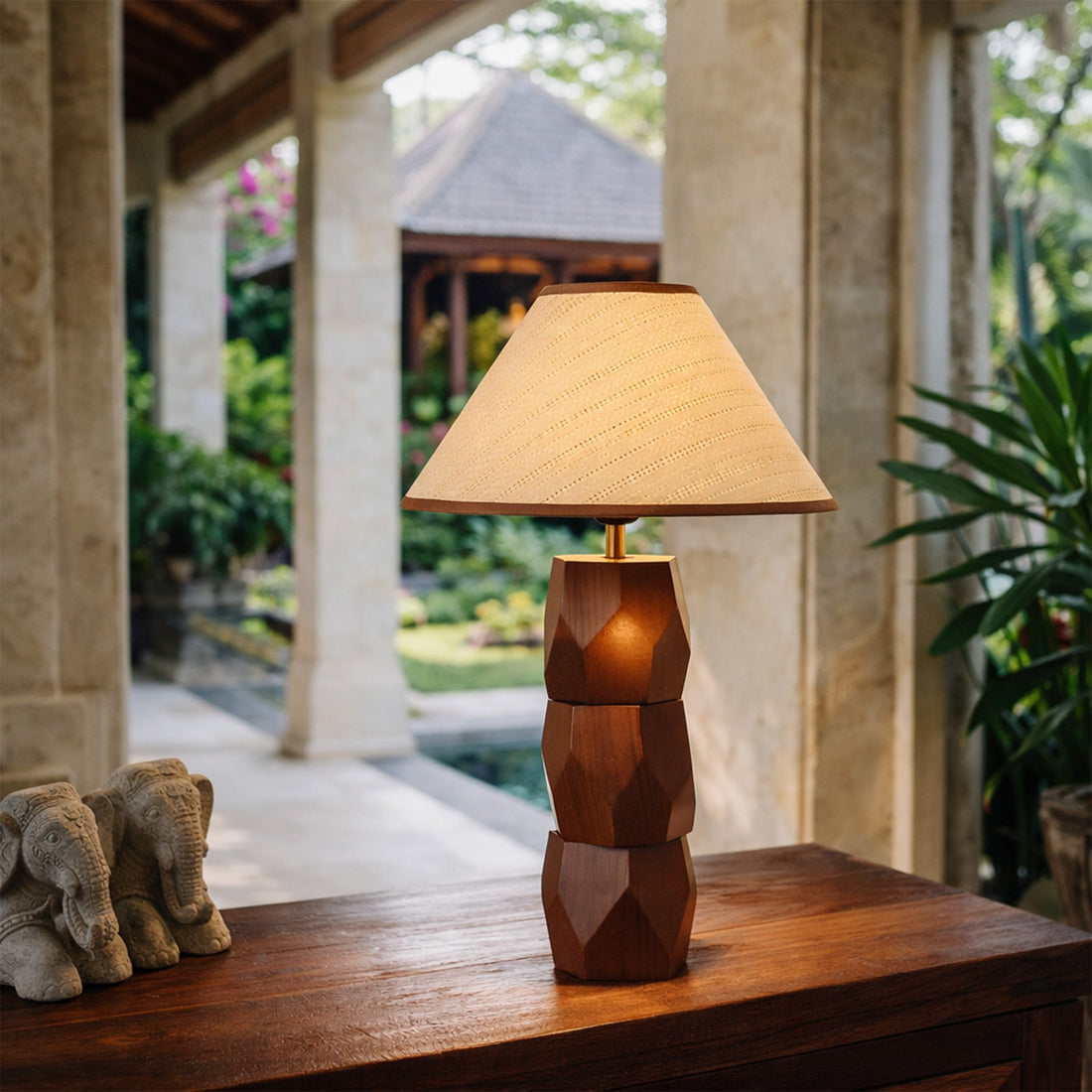 Helena Hand-Faceted Wooden Base Table Lamp - Woven Shade