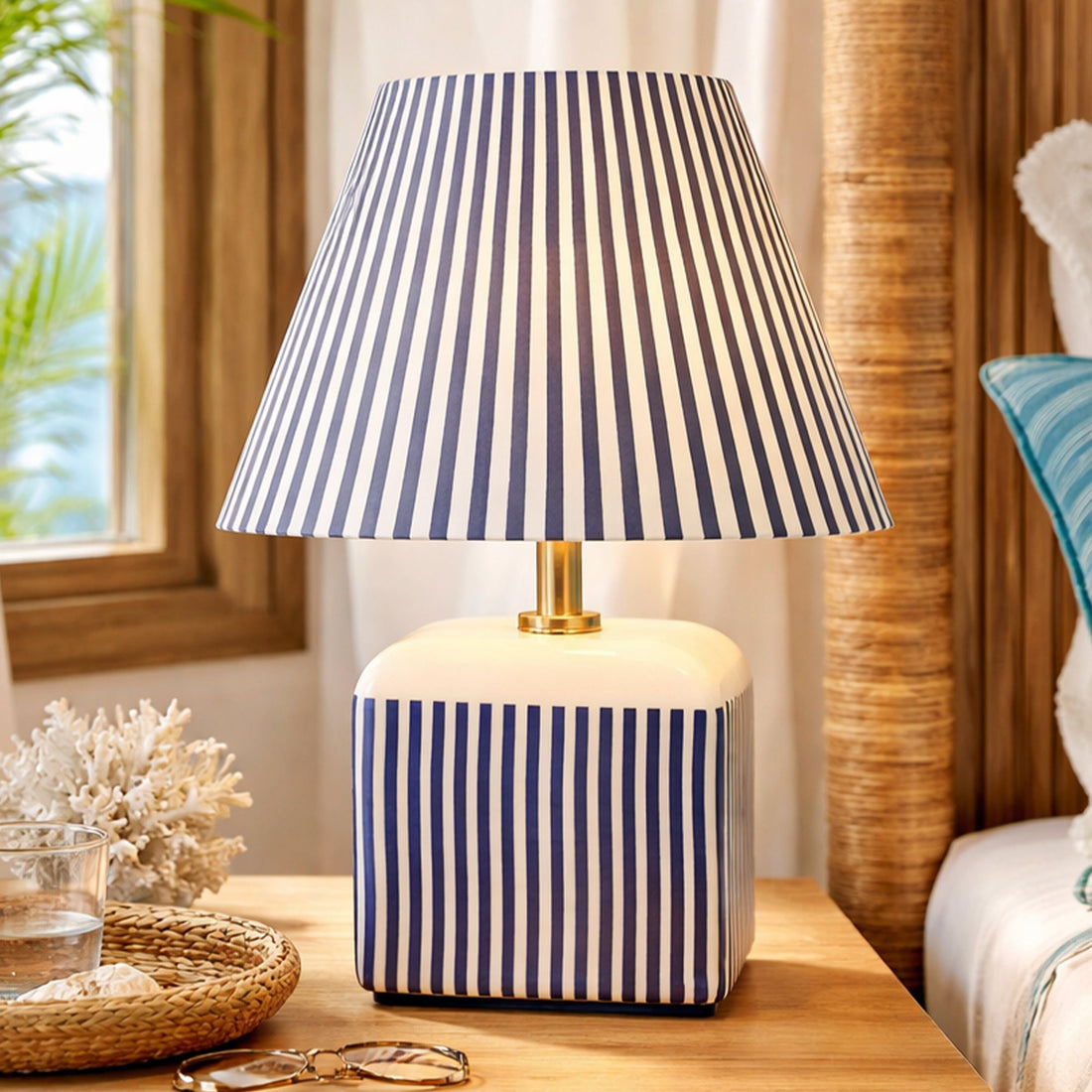 Amaris Ceramic Striped Table Lamp Blue