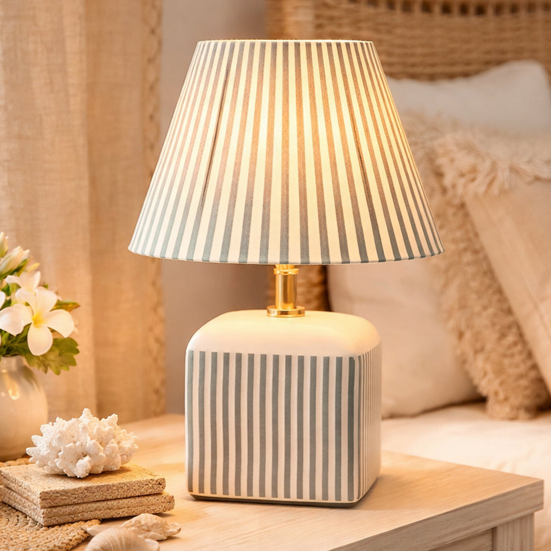 Amaris Ceramic Striped Table Lamp Green