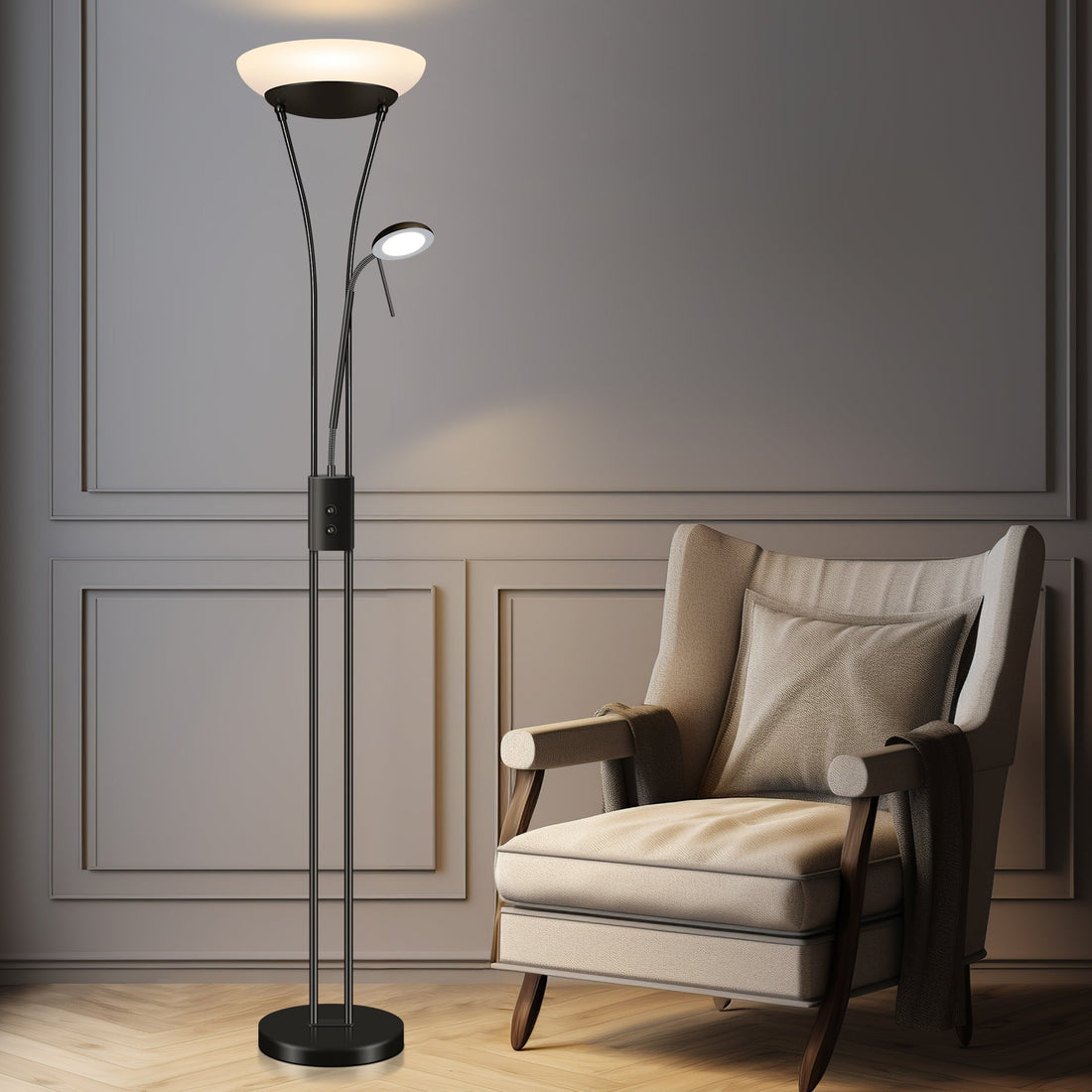 Reed LED Mother & Child Floor Lamp - Black/Antique Brass/Satin Chrome