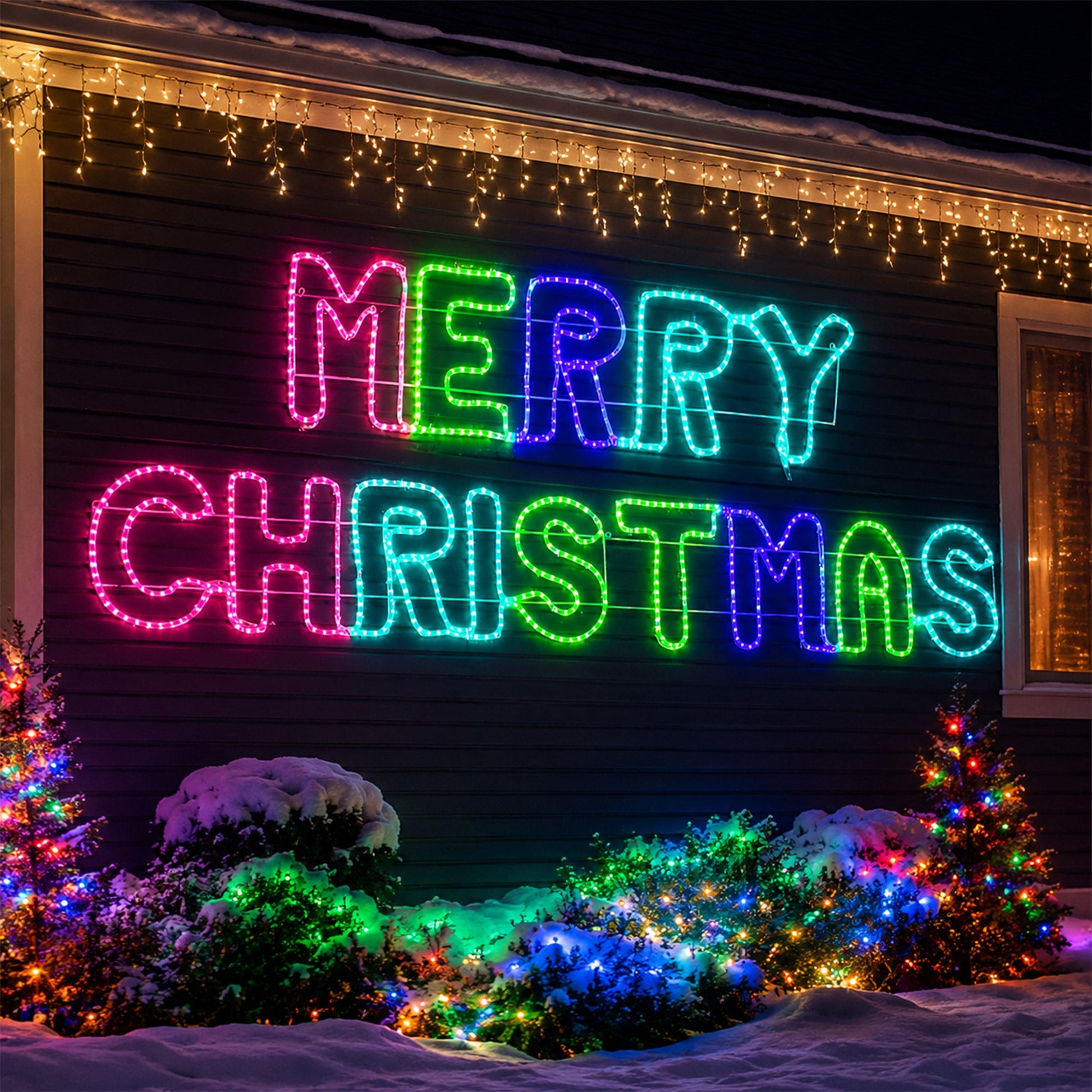 A large LED light sign spelling out 'MERRY CHRISTMAS' in bright multicolor neon-like letters mounted on a dark house exterior at night, with snow on the ground and decorated Christmas trees around it.