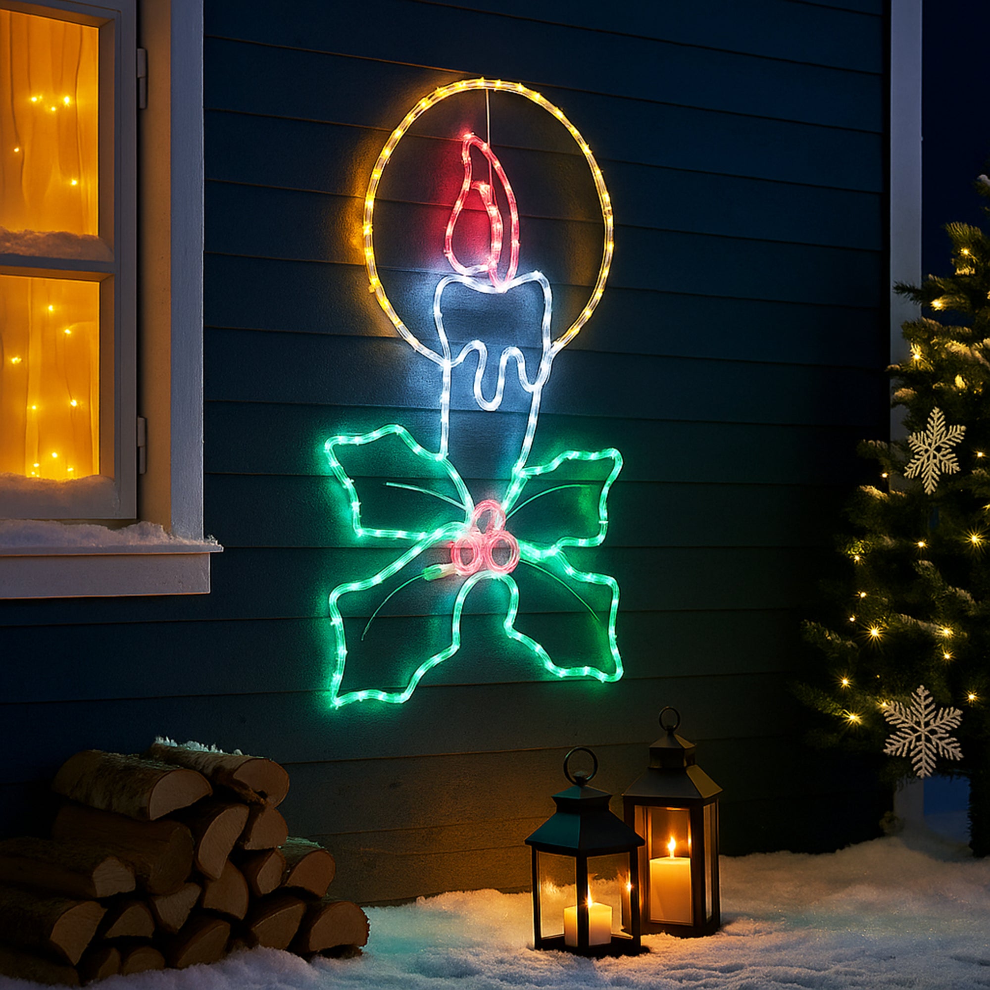 LED Christmas Candle with Holly Sprig Rope Light Silhouette