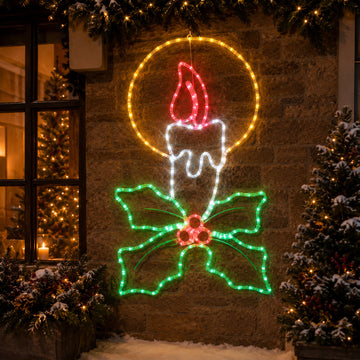 LED Christmas Candle with Holly Sprig Rope Light Silhouette