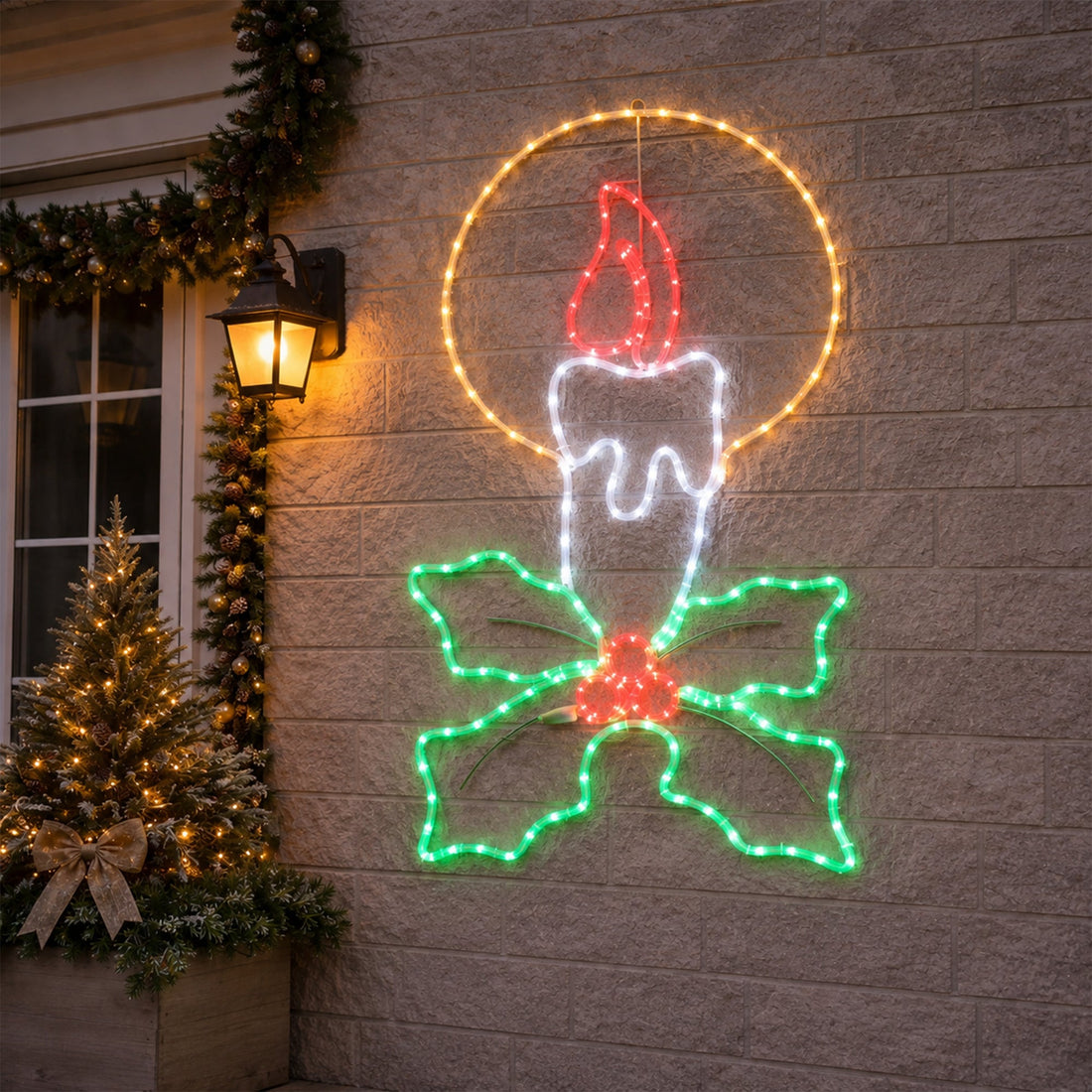 LED Christmas Candle with Holly Sprig Rope Light Silhouette