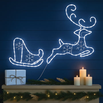 2D Flying Reindeer with Sleigh Rope Light Silhouette