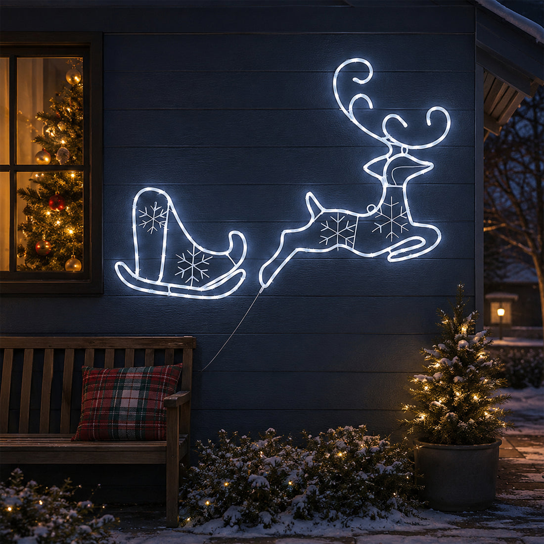 2D Flying Reindeer with Sleigh Rope Light Silhouette