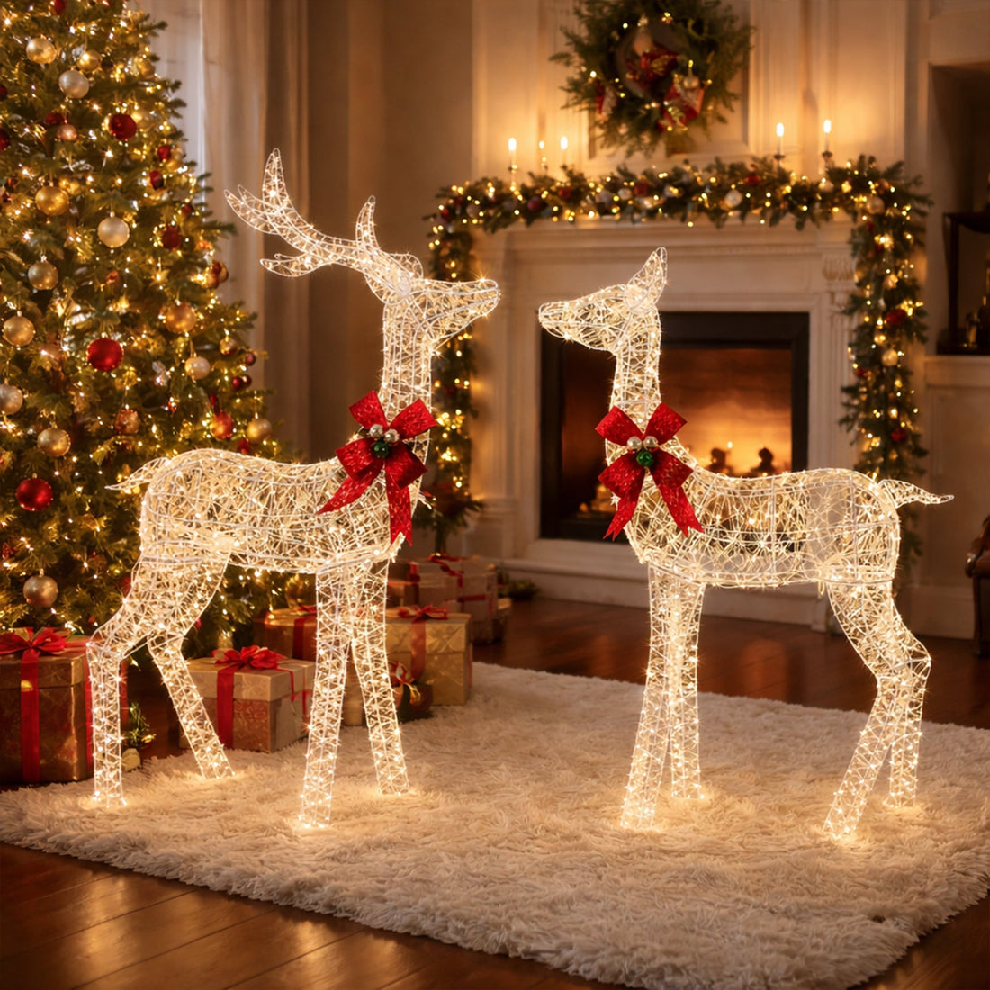 130/110cm Iridescent Gliter Stag&Doe Light Up Reindeer