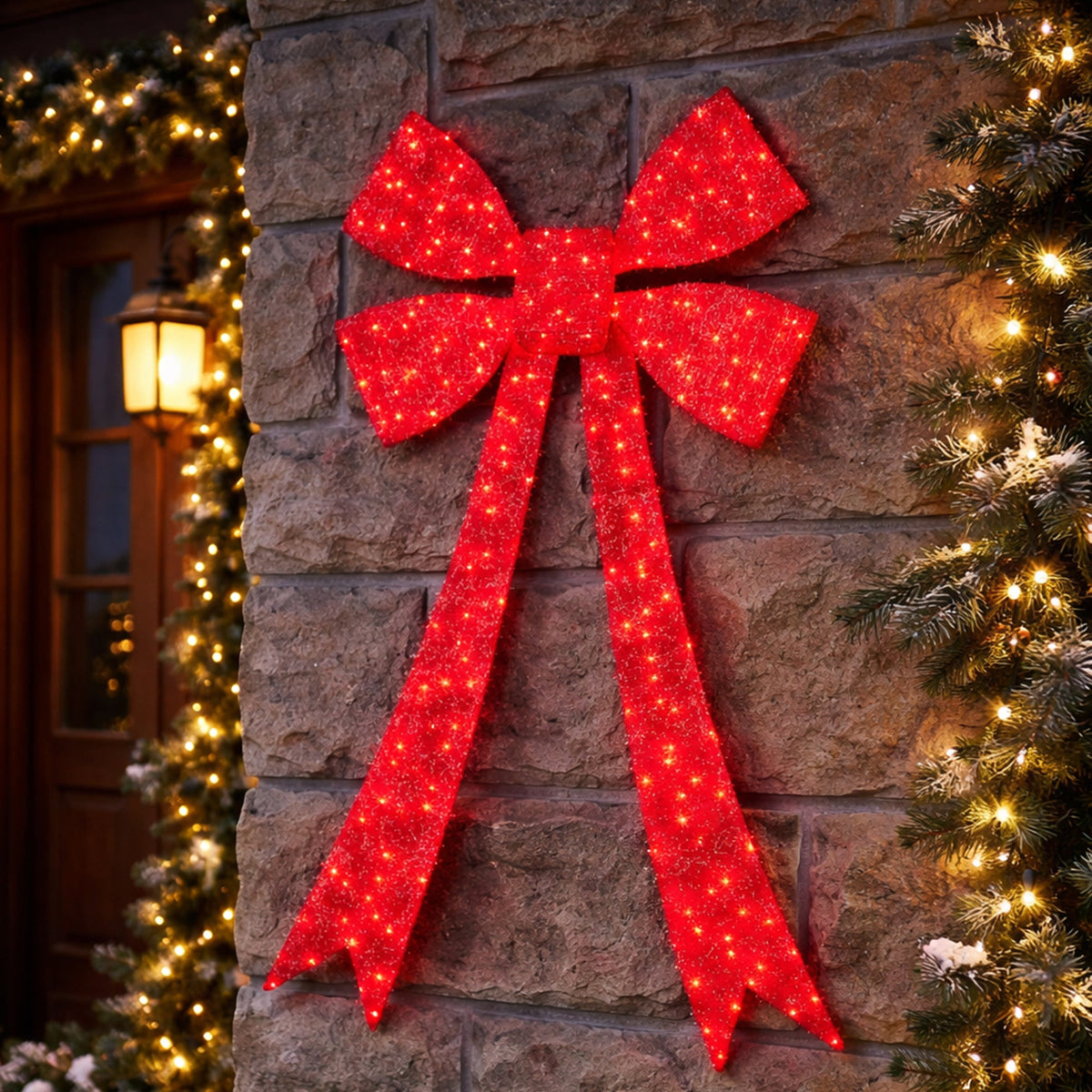 Decorative red bow with lights on a stone wall with Christmas trees and lights.