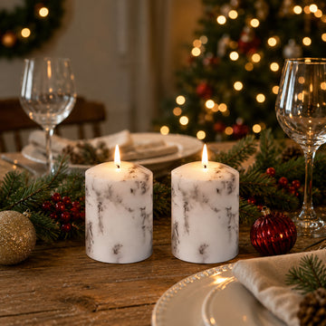 Set of 2 LED Marble Effect Wax Pillar Candles - 3 Size Options