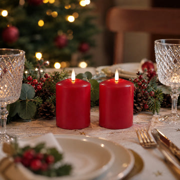 Set of 2 LED Red Wax Pillar Candles - 3 Size Options