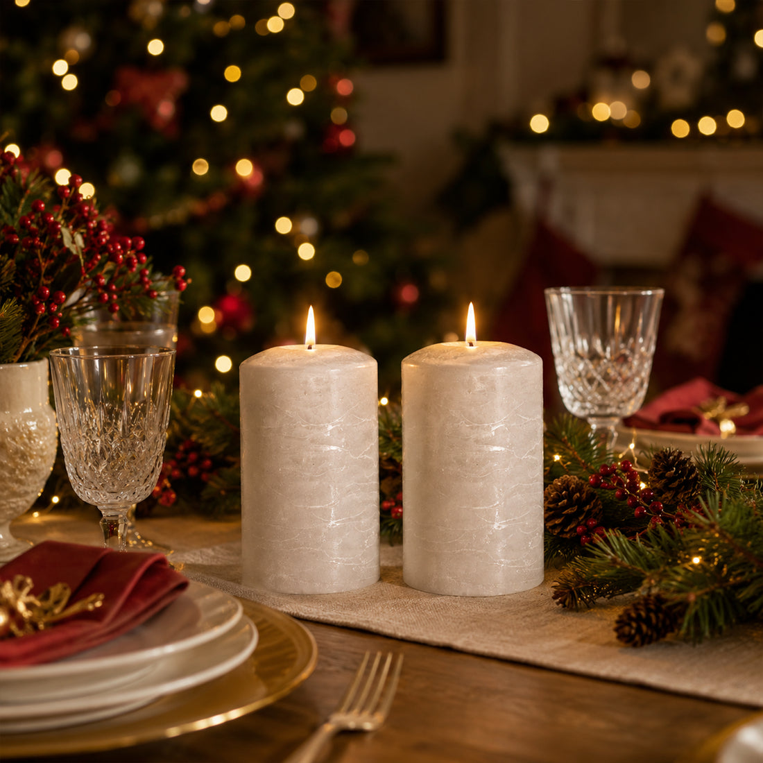 Set of 2 LED Grey Wax Pillar Candles - 3 Size Options