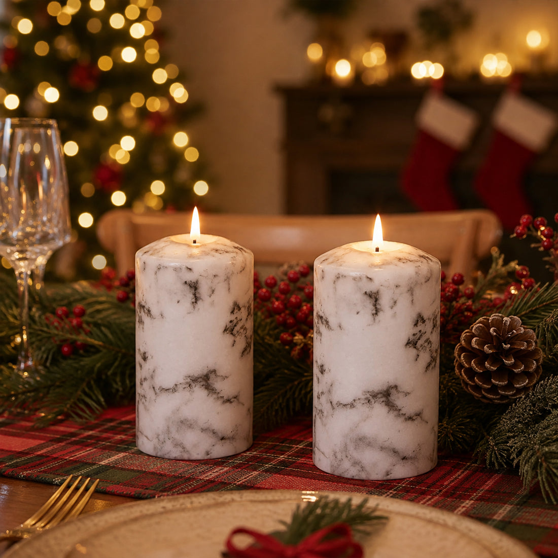 Set of 2 LED Marble Effect Wax Pillar Candles - 3 Size Options