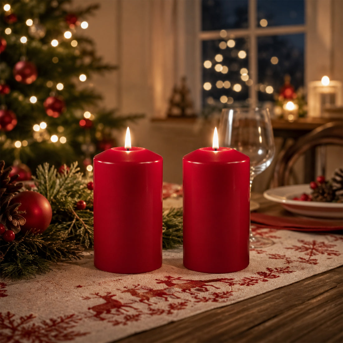Set of 2 LED Red Wax Pillar Candles - 3 Size Options