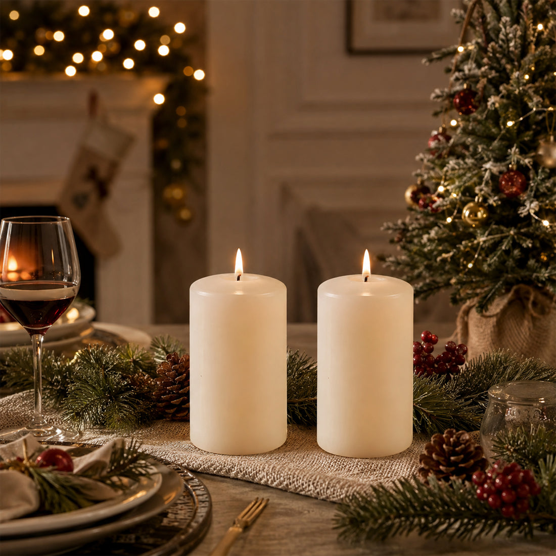 Set of 2 LED Ivory Wax Pillar Candles - 3 Size options