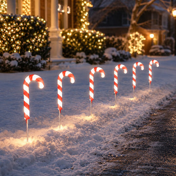 Dual Power Set of 6 LED Candy Cane Stakes Path Light