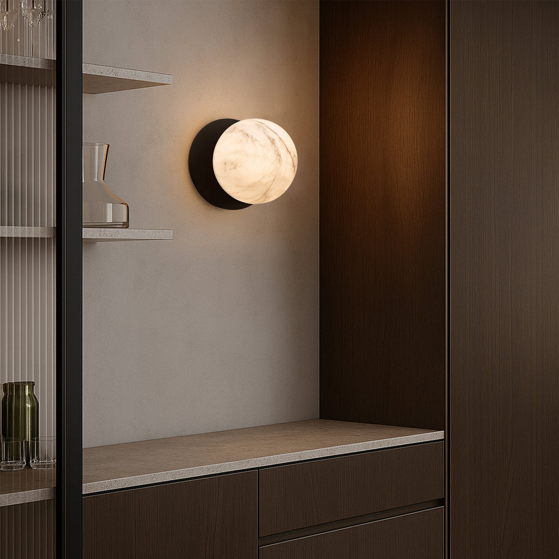 Odessa Marble Opal Glass LED Wall Light with Black Base - Warm White/Small