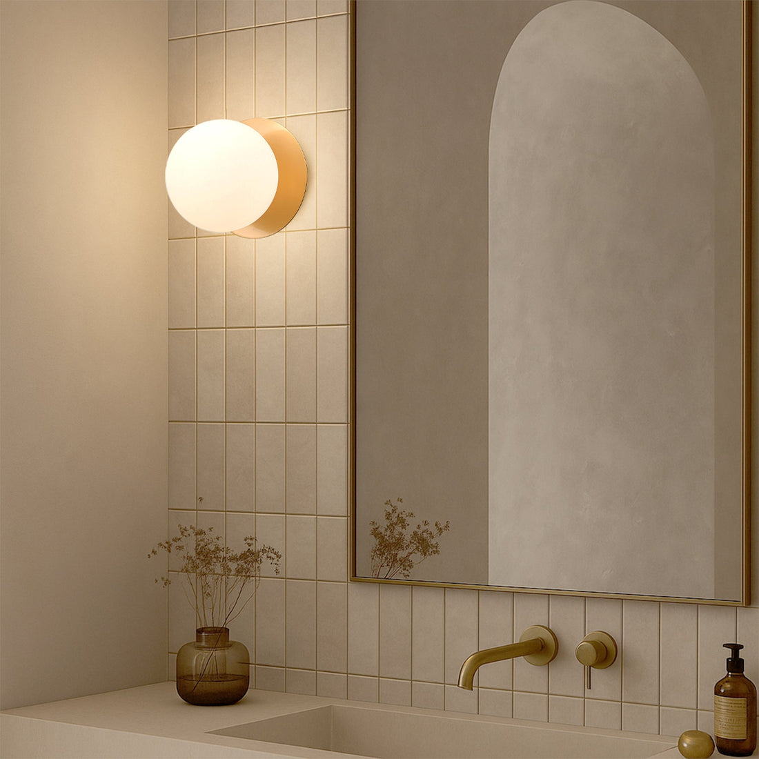 Odessa Opal Frosted Glass LED Wall Light with Brass Base - Warm White/Small