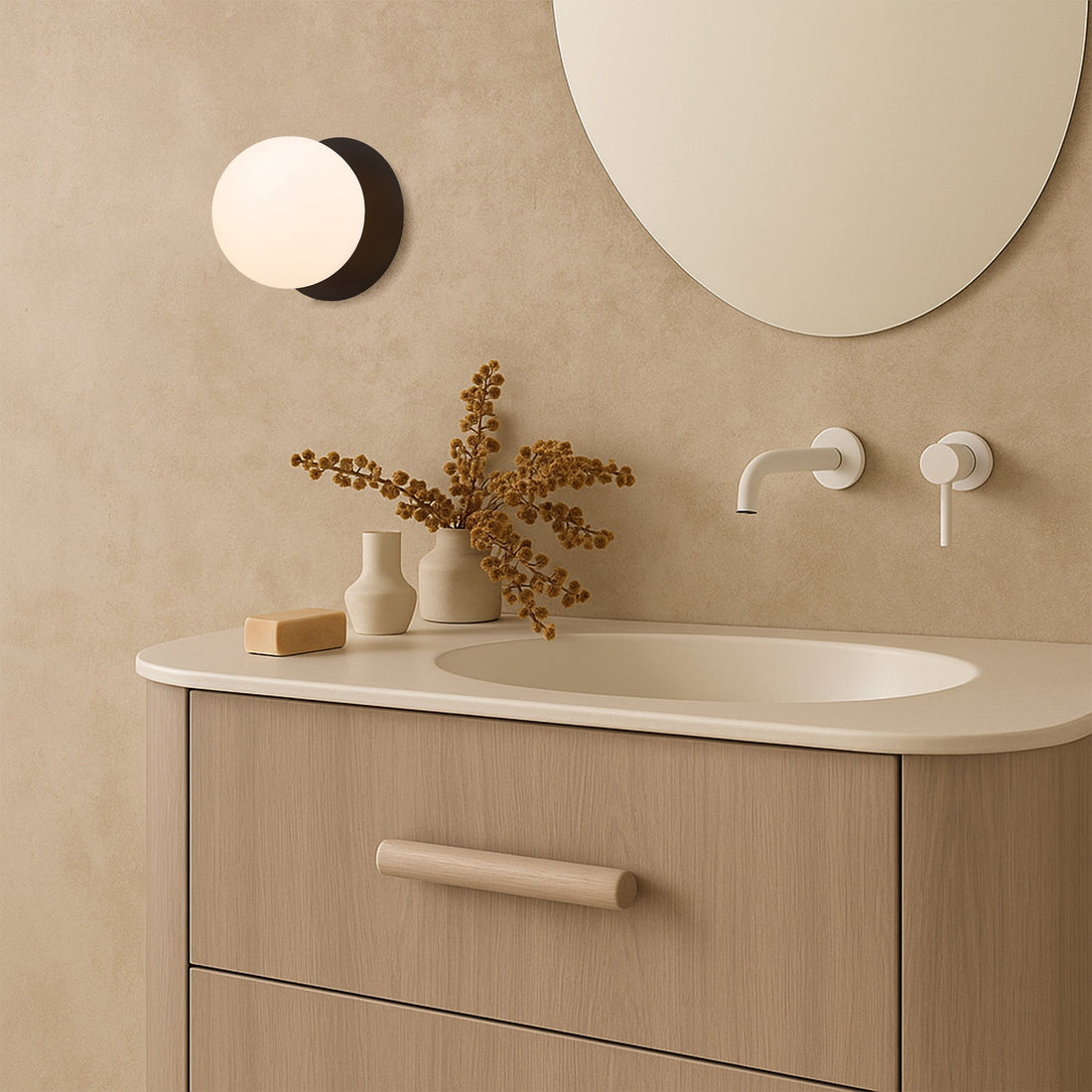 Odessa Opal Frosted Glass LED Wall Light with Black Base - Warm White/Large