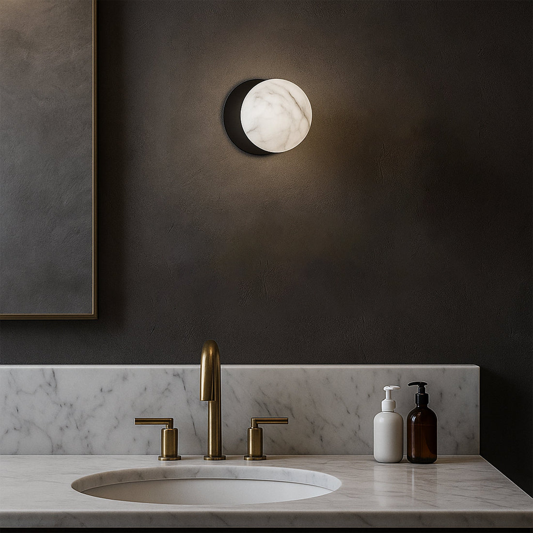 Odessa Marble Opal Glass LED Wall Light with Black Base - White/Small