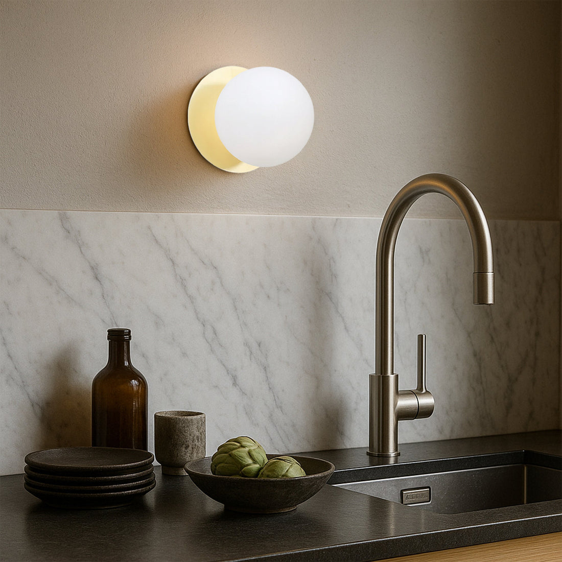 Odessa Opal Frosted Glass LED Wall Light with Gold Base - White/Small