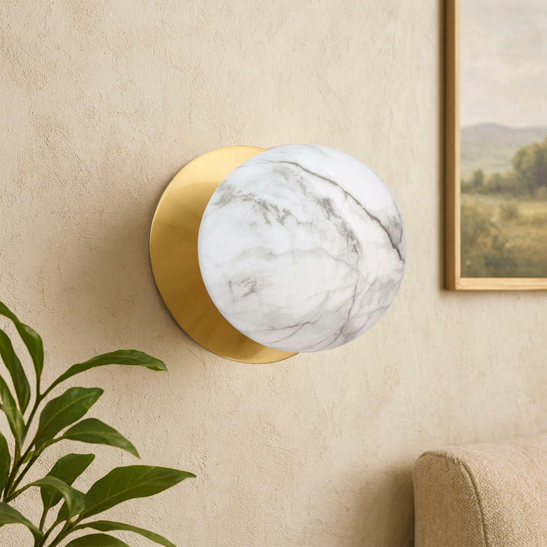 Odessa Marble Opal Glass LED Wall Light with Brass Base - White/Large