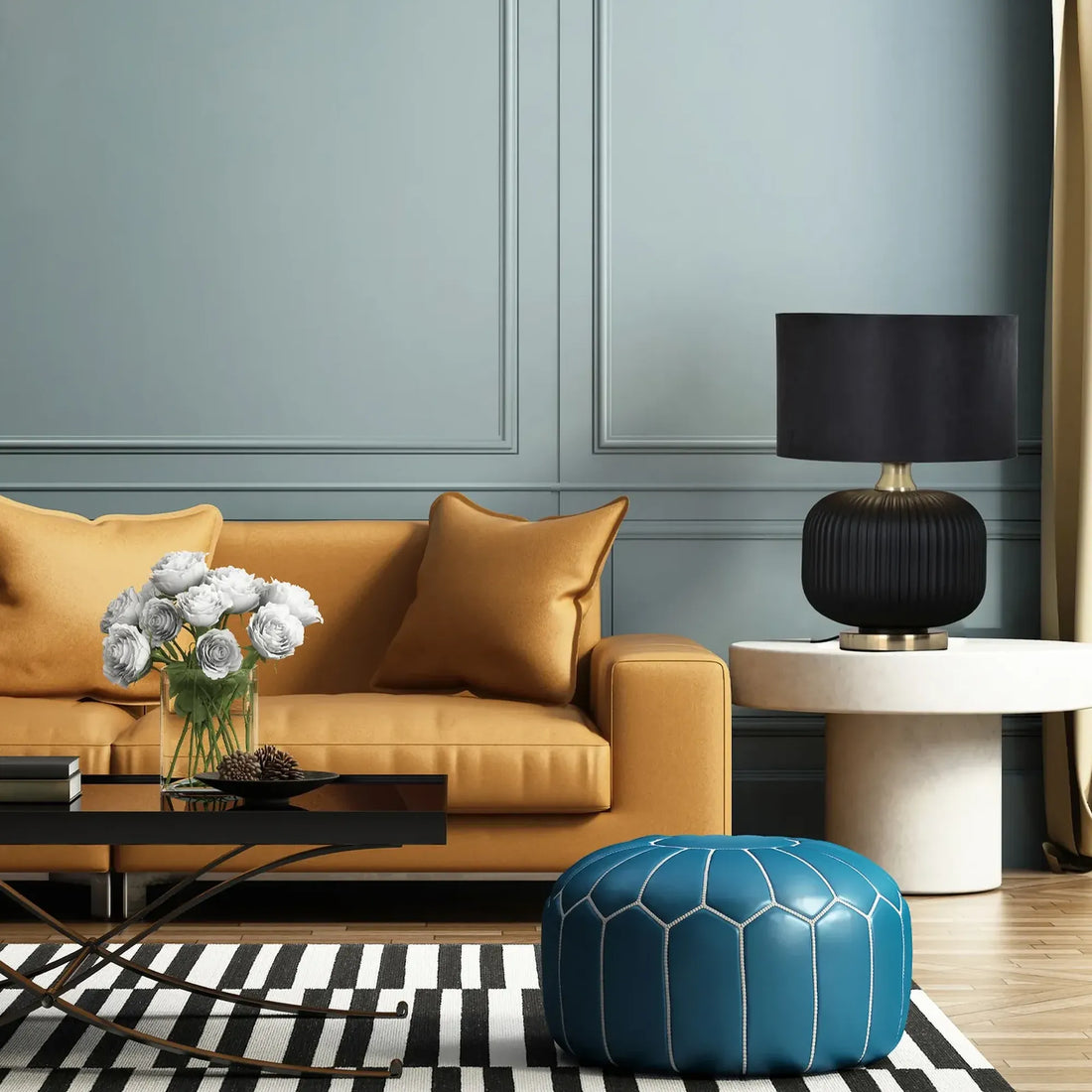Lusso Interior Drum Shade Ceramic Base Table Lamp Black with Antique Brass Highlight Black Base