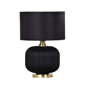 Lusso Interior Drum Shade Ceramic Base Table Lamp Black with Antique Brass Highlight Black Base
