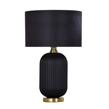 Lusso Interior Drum Shade Ceramic Base Table Lamp Black with Antique Brass Highlight Large Black Base