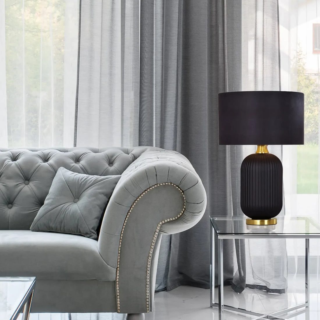 Lusso Interior Drum Shade Ceramic Base Table Lamp Black with Antique Brass Highlight Large Black Base
