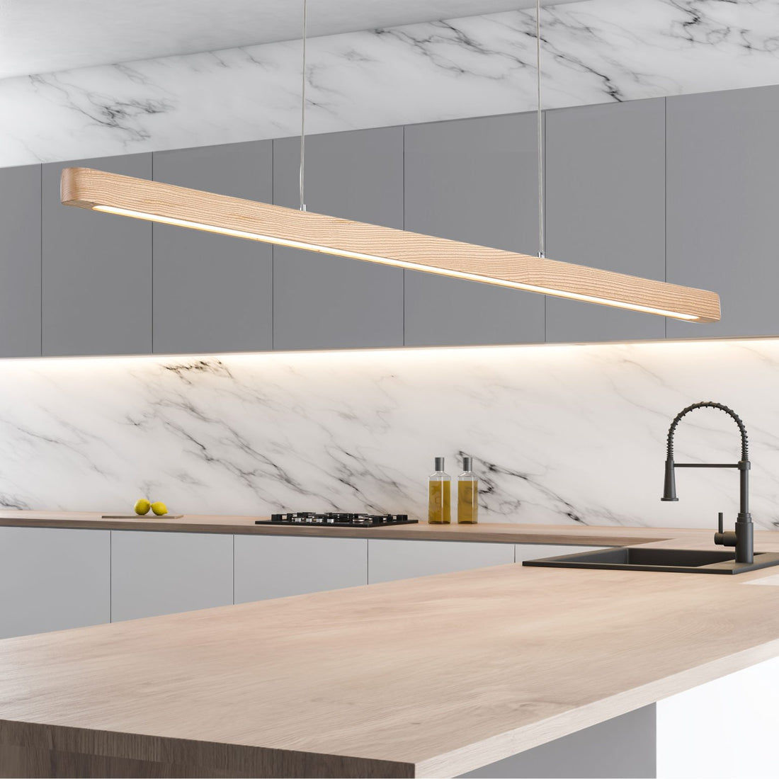 Alpha Ash Wood TriColour LED Linear Pendant Light 150cm