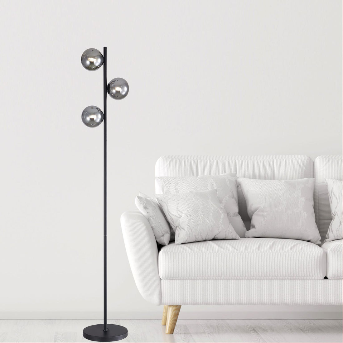 Valcross 3LT Decorative Floor Lamp with Smoke Glass Spheres Black