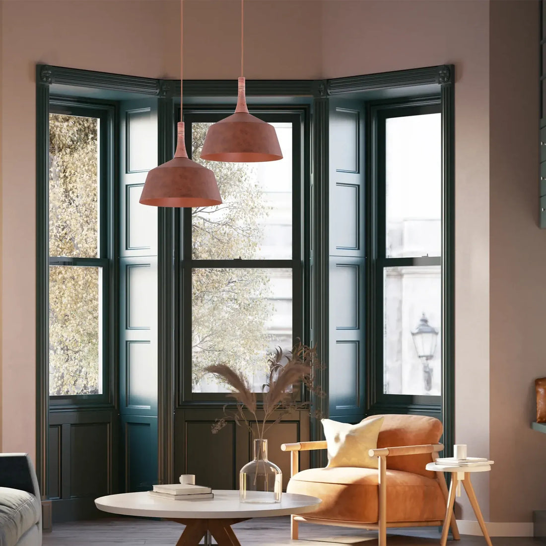 Oxido Interior Angled Dome Pendant Light Rustic Brown with Travertine Highlight OD400mm