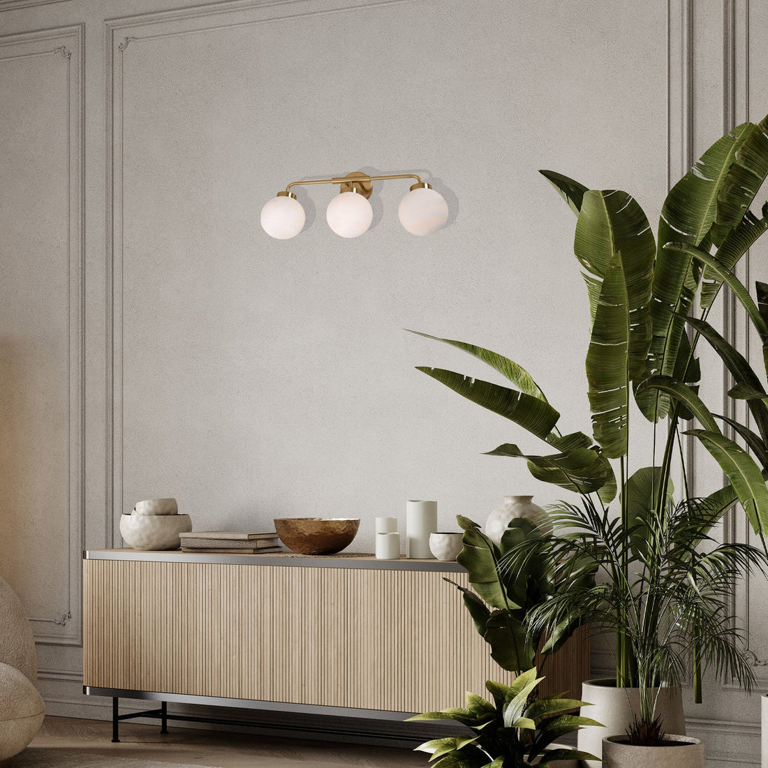 Palla Interior Triple Sphere Alabaster Wall Light with Brass Highlight Round Base