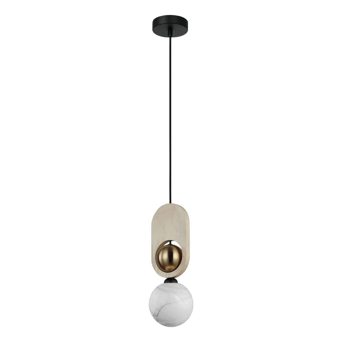 Palta Interior Sandblasted Pendant Light with Brass and Wood Highlight Opal Diffuser Natural Wood