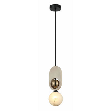 Palta Interior Sandblasted Pendant Light with Brass and Wood Highlight Opal Diffuser Natural Wood